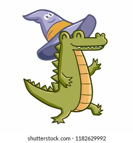 Funny and funny crocodile wearing witch hat for Halloween - vector.