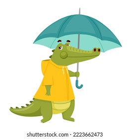 Funny crocodile in yellow raincoat holds umbrella. Vector animal character for birthday card isolated on white background