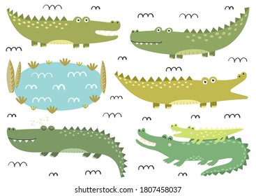 Graciosa colección de cocodrilos. Cuidados lagartos de estilo infantil. Personajes de Safari. Colección de elementos aislados. Ilustración del vector