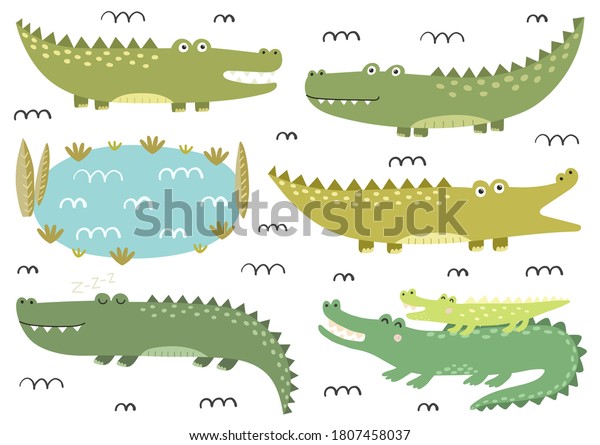 Funny Crocodiles Collection Cute Alligators Childish Stock Vector