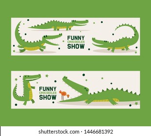 Funny crocodiles show set of banners vector illustration. Bird standing in mouth of alligator. Animal in different poses and activities, sitting, running and lying, showing tricks.