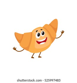 Funny Croissant, Bread Roll Character, Cartoon Style Vector Illustration Isolated On White Background. Cute Smiley Freshly Baked Croissant Character With Eyes And Legs