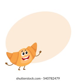 Funny Croissant, Bread Roll Character, Cartoon Style Vector Illustration Isolated On Background With Place For Text. Cute Smiley Freshly Baked Croissant Character With Eyes And Legs