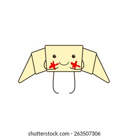 Funny croissant with red jam cheeks, small eyes, big smile, legs and hands isolated on white background. Logo template, design element