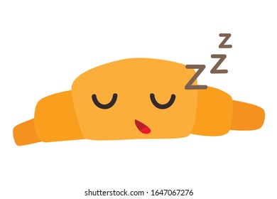 Graciosa ilustración vectorial de croissant. Cara adorable con carácter croissant durmiente. Emoji de cruasán dulce. Comida de pastelería emocional. Icono de panadería, aislado en fondo blanco