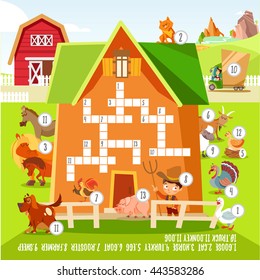 Funny crossword with cute cartoon farm animals.Ready game concept for children education.Vector illustration