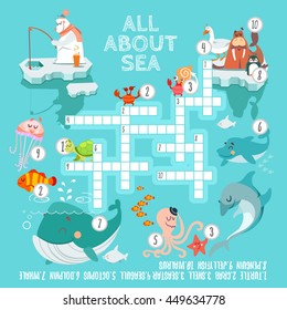 Funny crossword game with cute cartoon sea inhabitants.Ready design concept for preschool education.Vector illustration