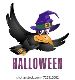 Funny crow in a halloween hat. Happy Halloween! Cartoon styled vector illustration. 