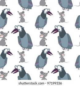Funny crow and mouse on white - seamless pattern
