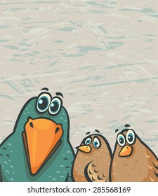 Funny crow and two sparrows watching with amazement. Vector of cartoon birds.