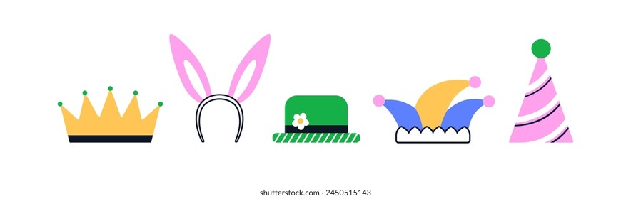 Funny crown, bunny ears, clown hat and birthday cap set. Festive headwear, head accessories for purim holiday, carnival, masquerade party. Flat vector illustration isolated on white background