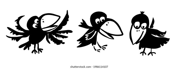 Funny crows. Cheerful cartoon bird. Vector illustration