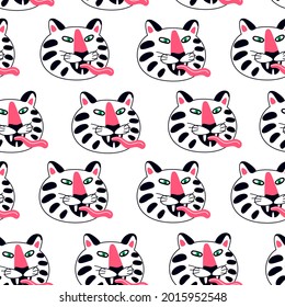 Funny cruel white tiger muzzle with tongue childish seamless pattern vector flat illustration