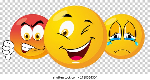 Funny, crying and angry emotions. Joy on the face. Cry and sadness. Angry expression. Vector illustration set