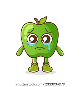 Funny crying emoticon. green apple character with tears in eyes