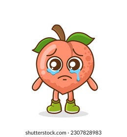 Divertido emoticono de llanto. personaje de melocotón con lágrimas en los ojos