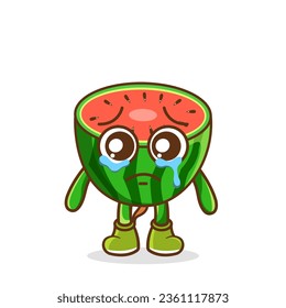 Funny crying emoticon. watermelon character with tears in eyes