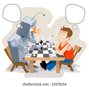 Funny Cube Robot and Man Play Chess. Talk Bubbles near his Heads. Vector Illustration about Technology.