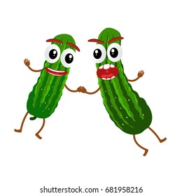 Funny cucumber character, cartoon vector illustration isolated on white background. Humanized cucumber with smiling faces, arms and legs. Cucumber for farm market, vegetarian salad recipe design.