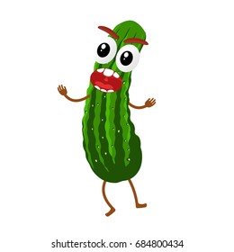 Funny cucumber character, cartoon vector illustration isolated on white background. Humanized cucumber with smiling faces, arms and legs. Cucumber for farm market, vegetarian salad recipe design.