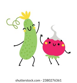 Funny Cucumber and Radish Vegetable Character Dancing with Cute Smiling Face Vector Illustration