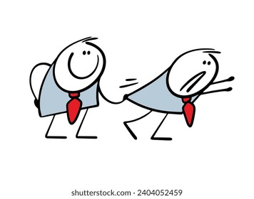 Funny cunning boss does not let a subordinate succeed. Vector illustration of a colleague holding an office worker by the edge of his jacket. Isolated cartoon caricature on white background.