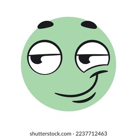 Funny cunning emoticon. Green character raised one corner of his lips. Communication and interaction on Internet. Deception and cunning. Emotions and feelings. Cartoon flat vector illustration