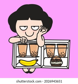 Funny Cunning Girl With Her Inside Fridge Body Concept Card Character illustration
