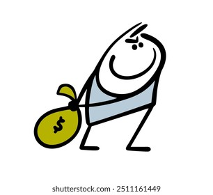 Funny cunning swindler committed  crime, stole  bag of money. Vector illustration of  businessman hiding cash behind his back. Dollars from the bank. Isolated doodle character on white background.