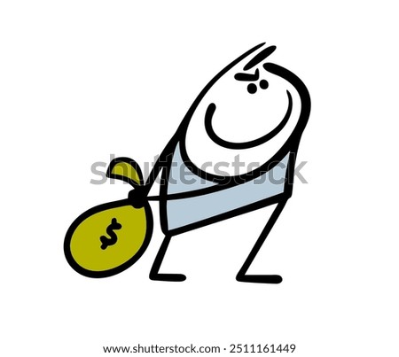 Funny cunning swindler committed  crime, stole  bag of money. Vector illustration of  businessman hiding cash behind his back. Dollars from the bank. Isolated doodle character on white background.