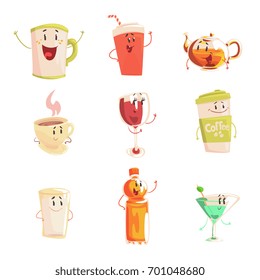 Funny cup, bottle, glass with drinks standing and smiling, set for label design. Cartoon detailed Illustrations isolated