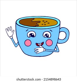 Funny cup character with hands and a cute face. Vector hand-drawn illustration for menu design, postcards, textiles, napkins