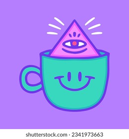 Funny cup character with one eye  pyramid symbol inside, illustration for t-shirt, sticker, or apparel merchandise. With doodle, retro, groovy, and cartoon style.