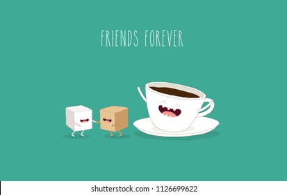The funny cup of coffee with a brown and white sugar. You can use for card, poster, banner, web design and print on t-shirt. Easy to edit. Vector illustration.