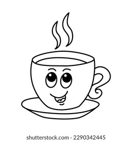 Funny a cup of coffee cartoon characters vector illustration. For kids coloring book.