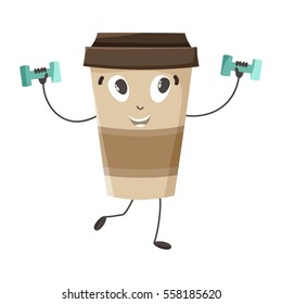 Funny cup of coffee doing gymnastics; cup with dumbbells