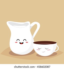 Funny cup of coffee and jug of milk. Friend forever. Vector illustration. Comic character