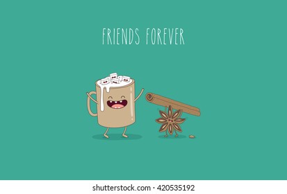 Funny cup of coffee with marshmallow and anise with cinnamon. Friends forever. Vector illustration. Comic character. Use for the menu, in the shop, in the bar, the card or stickers. Easy to edit.