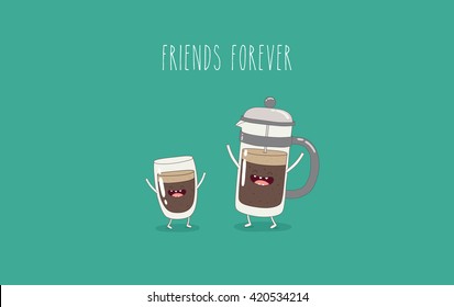 Funny cup of coffee and funny coffee pot. Friend forever. Vector illustration. Comic character.