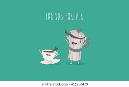 Funny cup of coffee and funny coffee pot. Friends forever. Vector illustration. Comic character. Use for the menu, in the shop, in the bar, the card or stickers. Easy to edit. 