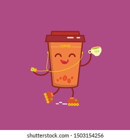 A funny funny cup of coffee is rollerblading and drinking tea. Character for food delivery.
