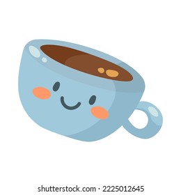Funny cup of coffee or tea with smiling face illustration. Cute cup character. Cup of coffee or tea. Meal, morning routine concept
