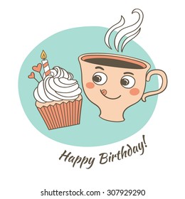 Funny cup with smoke. Happy Birthday. Idea concept. Vector illustration. Sketch with cups. 