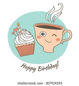 Funny cup with smoke. Happy Birthday. Idea concept. Vector illustration. Sketch with cups. 