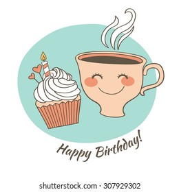 Funny cup with smoke. Happy Birthday. Idea concept. Vector illustration. Sketch with cups. 