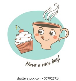 Funny cup with smoke. Idea concept. Vector illustration. Sketch with cups. 