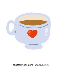 Funny Cup of tea or coffee. Cute cozy drawing. Breakfast and kitchenware with hot drink. Flat drawn cartoon