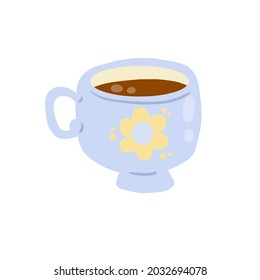 Taza divertida de té o café. Un bonito y acogedor dibujo. Desayuno y utensilios de cocina con bebida caliente. Dibujo plano