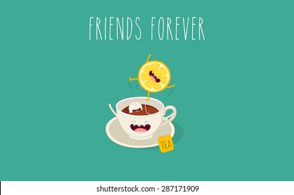 Funny cup of tea with lemon. Comic characters. Vector cartoon. Friends forever. You can use in the menu, in the shop, in the bar, the card or stickers. Easy to edit. 