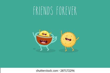 Funny cup tea and lemon   cookie  Comic characters  Vector cartoon  Friends forever  You can use in the menu  in the shop  in the bar  the card stickers  Easy to edit  